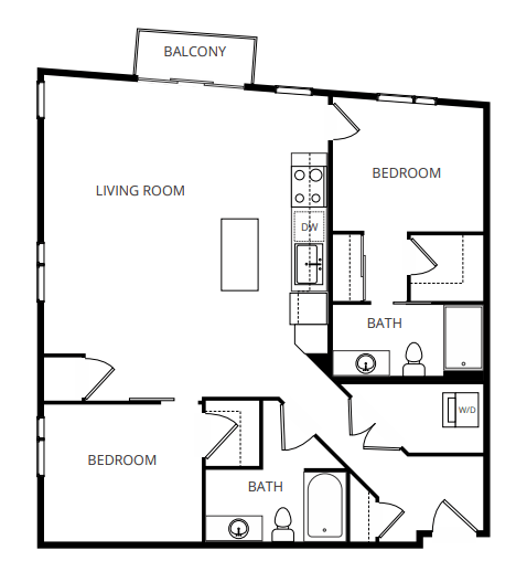 Floor plan for 1 bed, 1 bath, 810 sqft